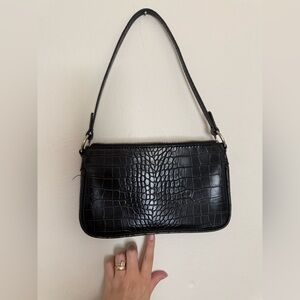 Mango Black Croc Embossed Baguette Bag | Vegan Leather Shoulder Purse Y2K